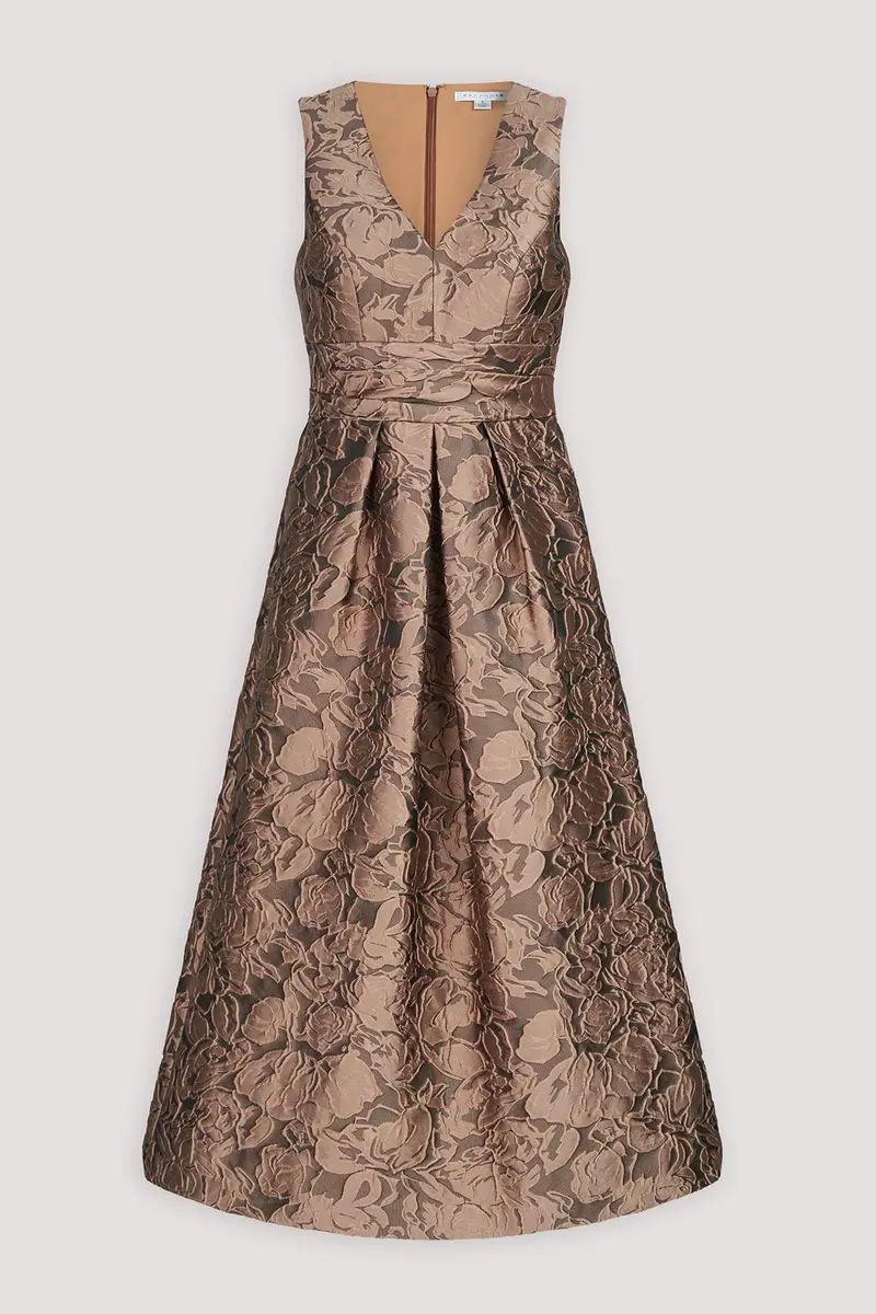 Gold Textured Jacquard Sleeveless Tea-Length Dress with Pleated Waist
