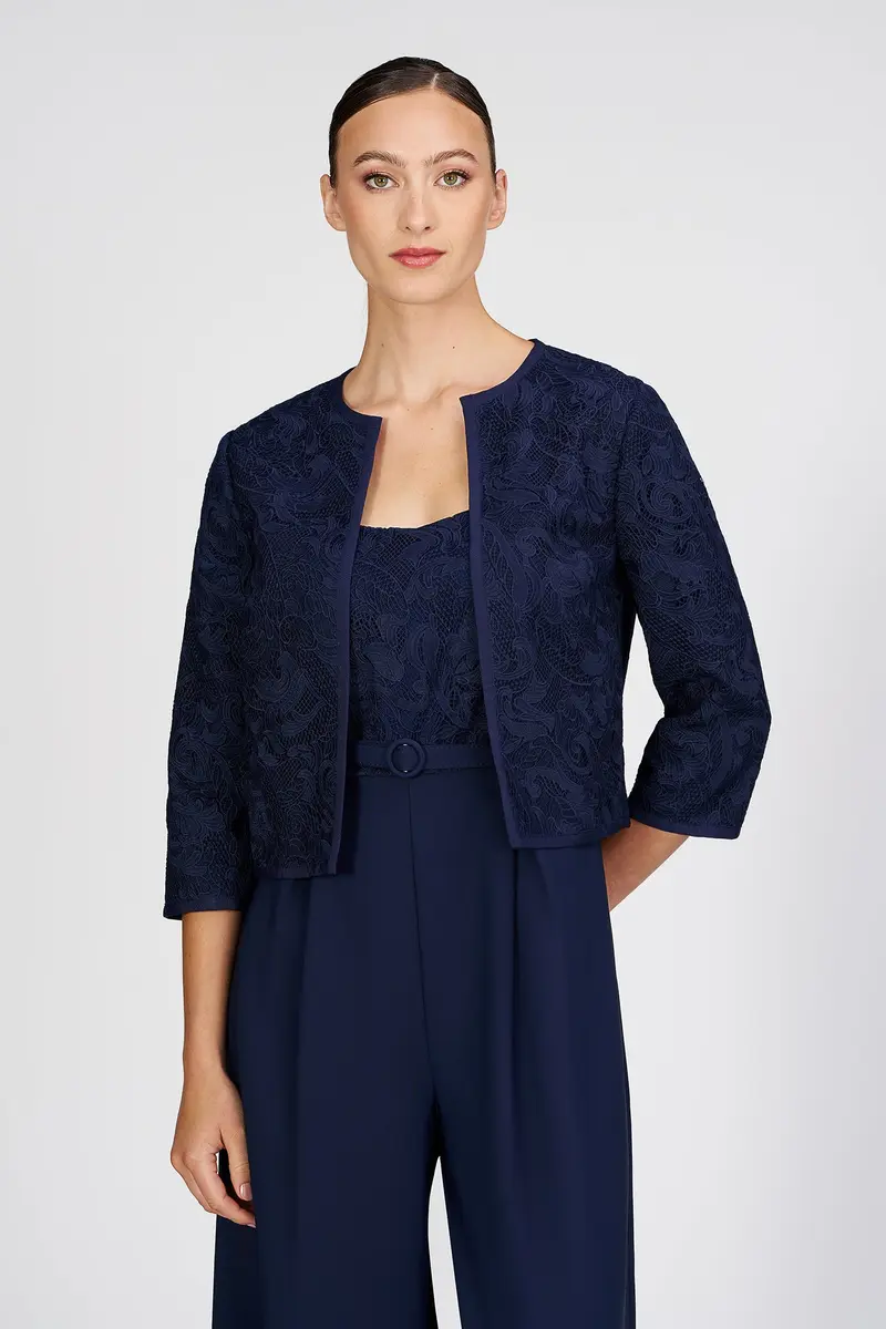 Harper Textured Lace Evening Jacket with Grosgrain Trim