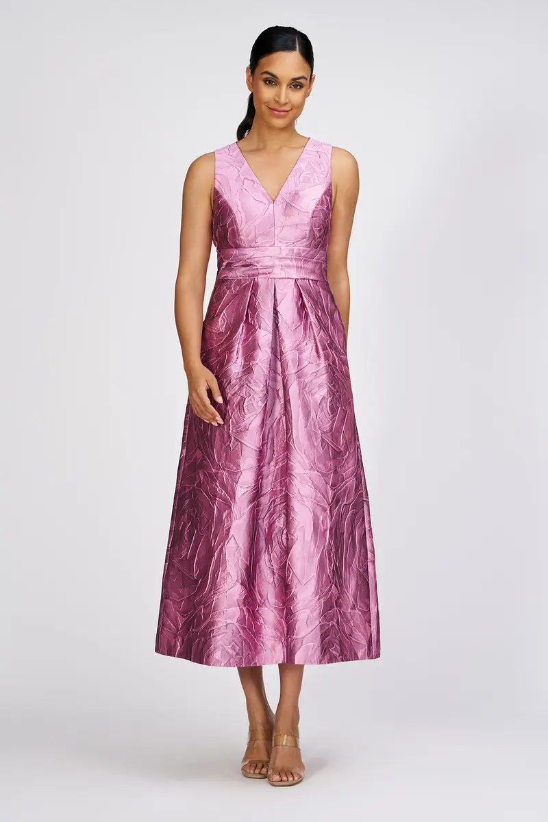 Heather Rose Jacquard Tea-Length Evening Dress