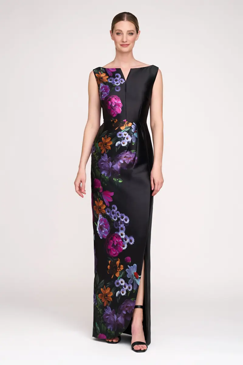 Helene Peony Print Mikado Column Gown
