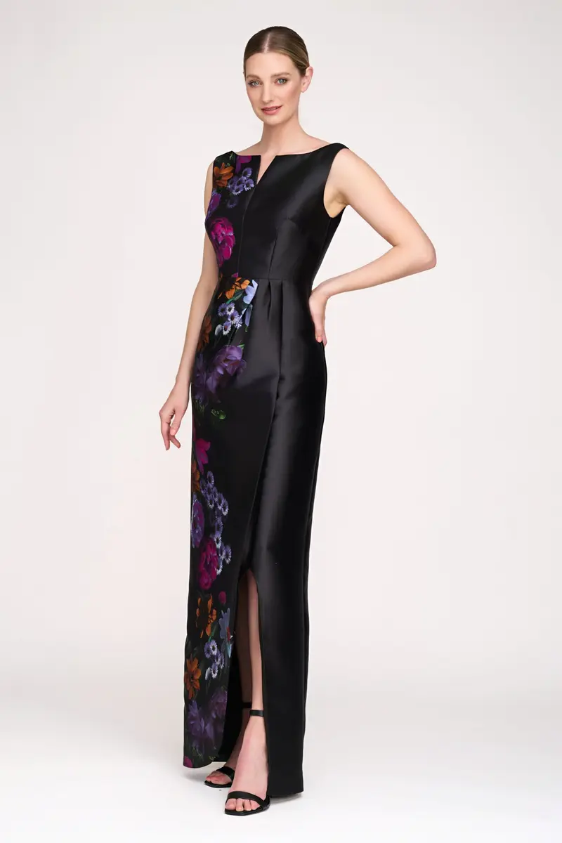 Helene Peony Print Mikado Column Gown