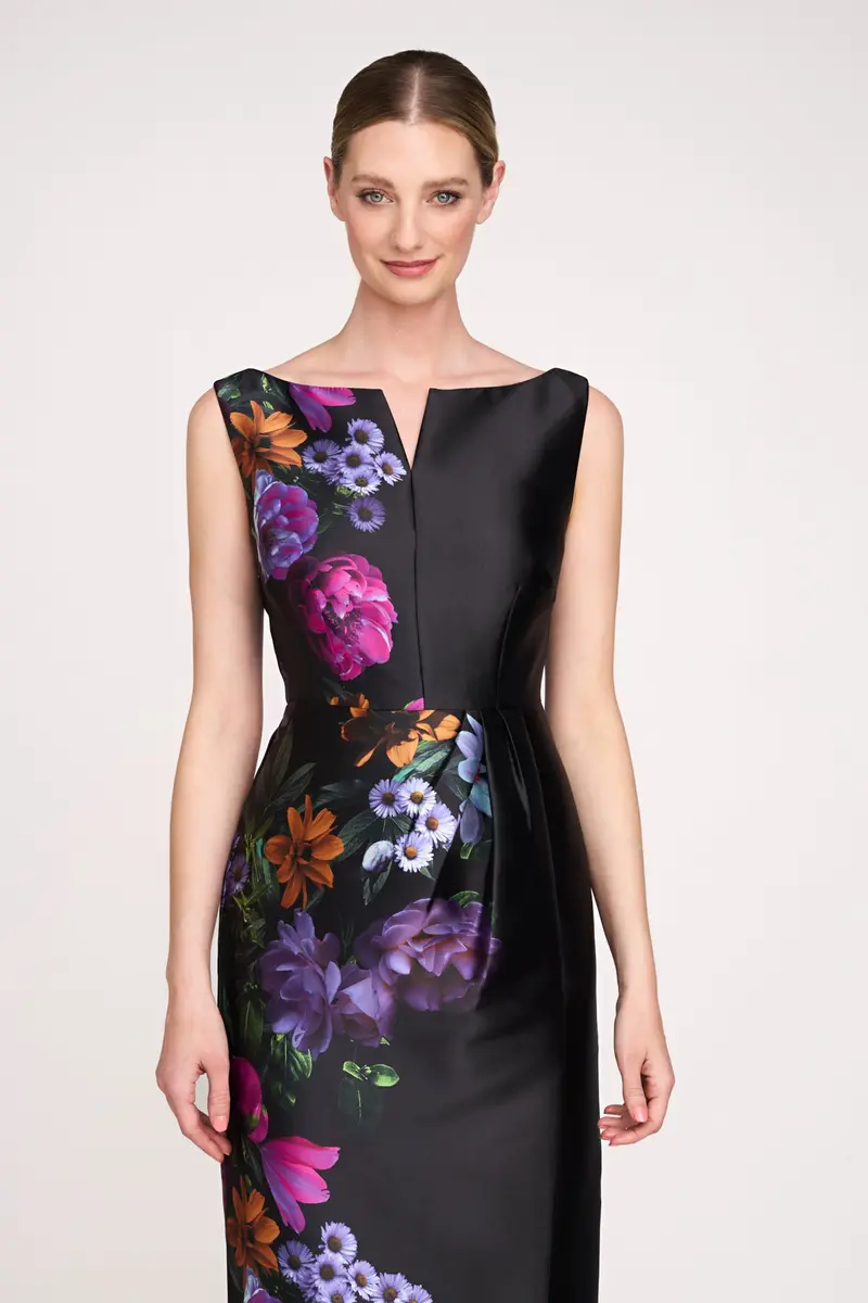 Helene Peony Print Mikado Column Gown
