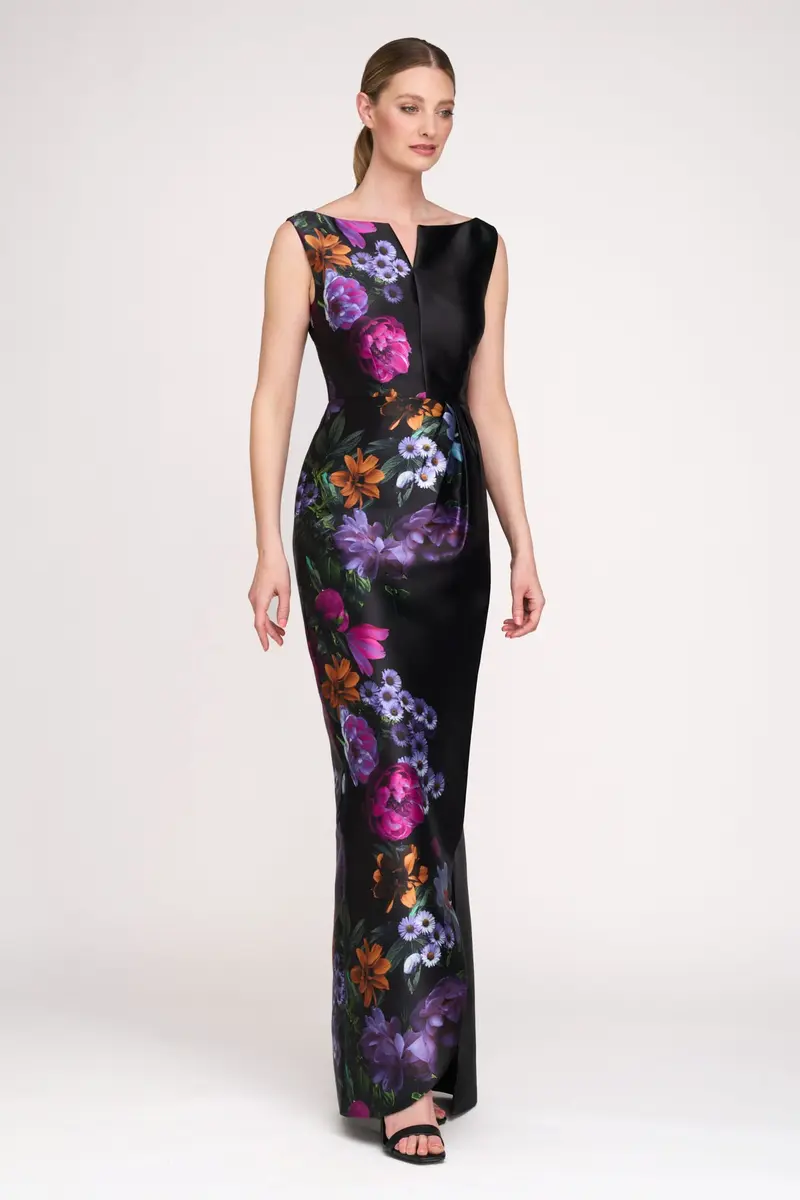 Helene Peony Print Mikado Column Gown