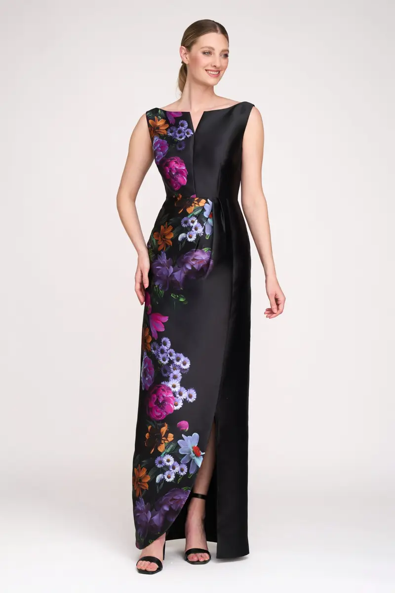 Helene Peony Print Mikado Column Gown