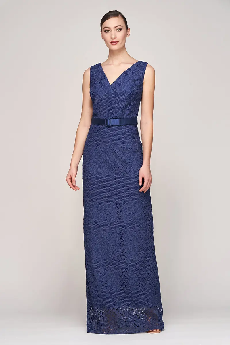 Hendrix Geometric Lace Column Gown with Detachable Belt