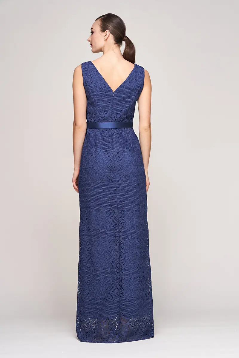 Hendrix Geometric Lace Column Gown with Detachable Belt