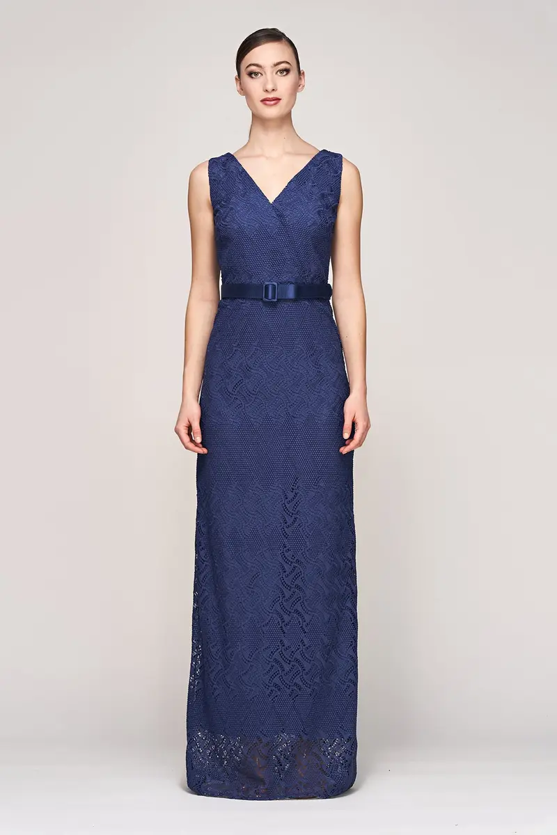 Hendrix Geometric Lace Column Gown with Detachable Belt