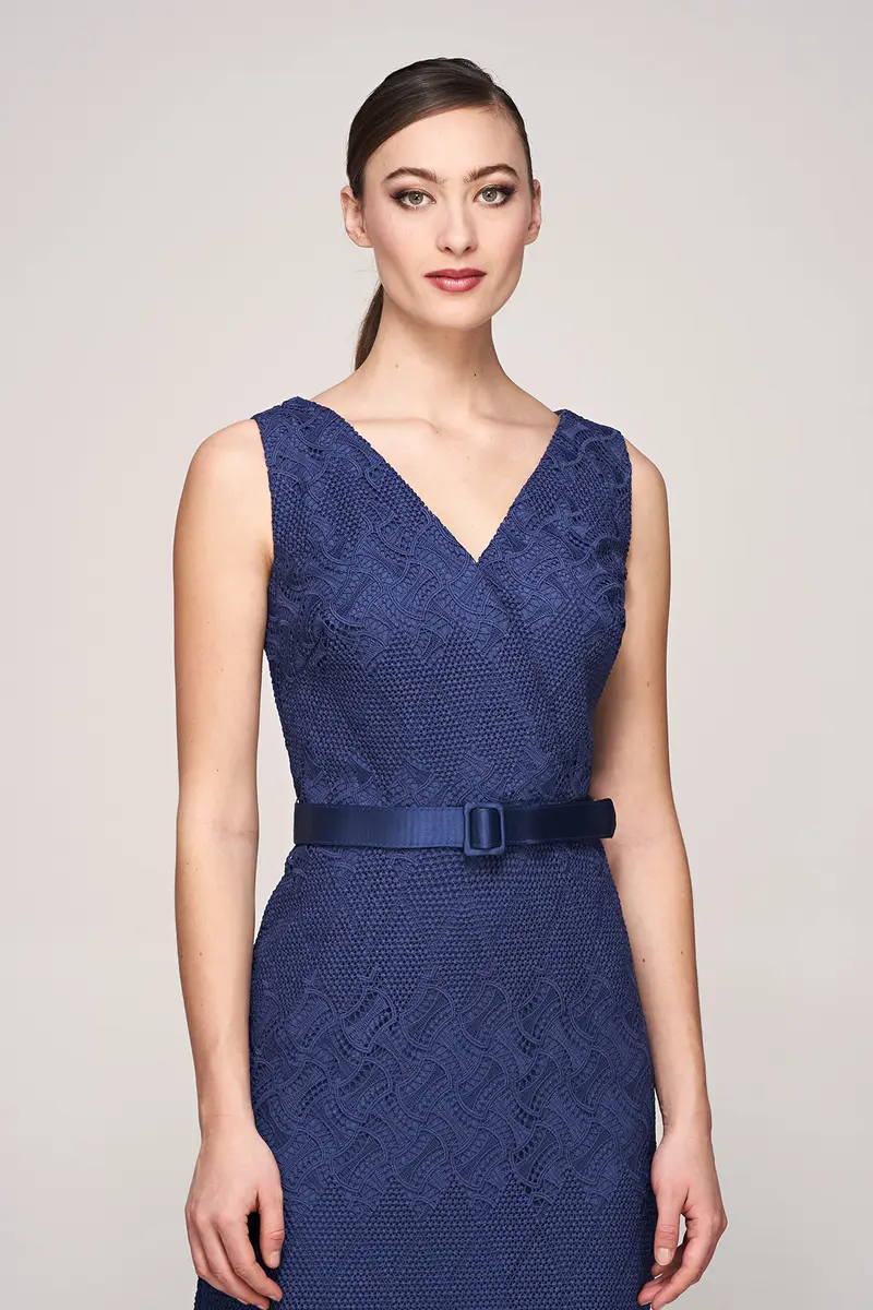 Hendrix Geometric Lace Column Gown with Detachable Belt