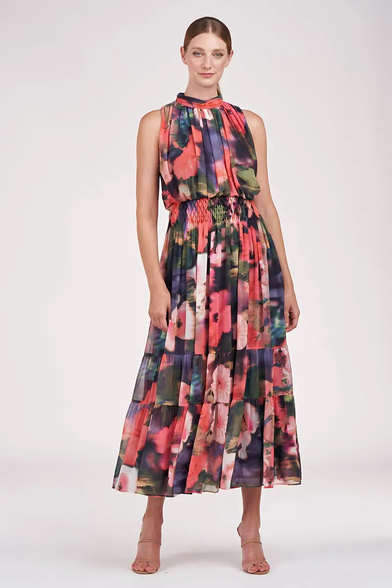 Hibiscus Chiffon Tea-Length Dress with Mock Neck