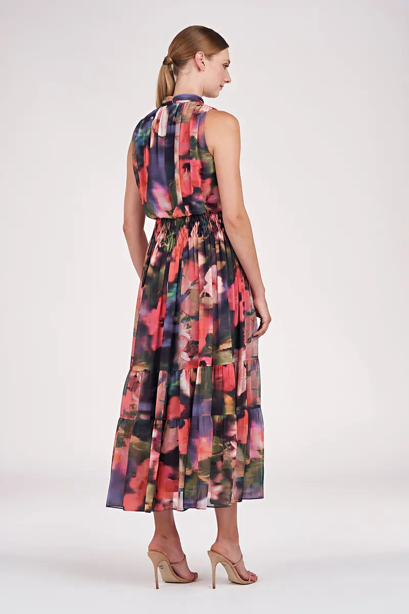 Hibiscus Chiffon Tea-Length Dress with Mock Neck