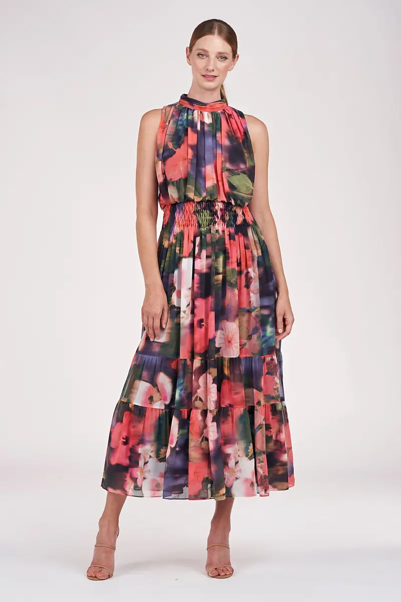 Hibiscus Chiffon Tea-Length Dress with Mock Neck