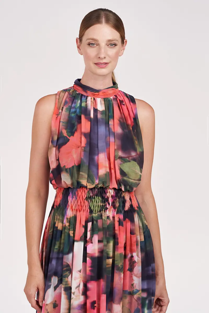 Hibiscus Chiffon Tea-Length Dress with Mock Neck