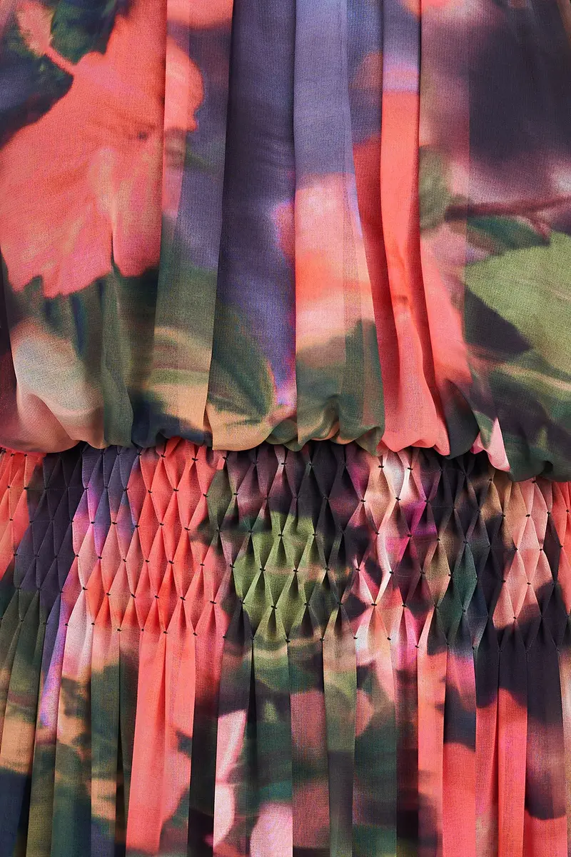 Hibiscus Chiffon Tea-Length Dress with Mock Neck