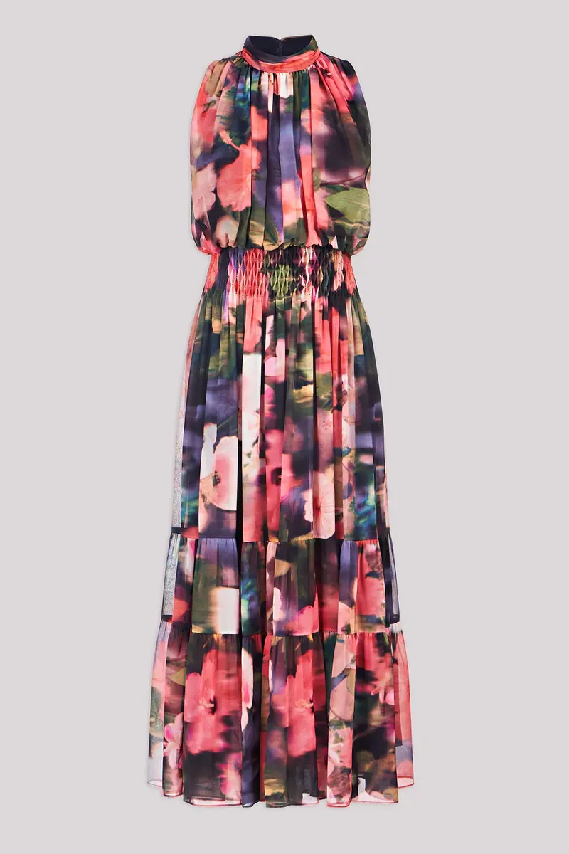Hibiscus Chiffon Tea-Length Dress with Mock Neck
