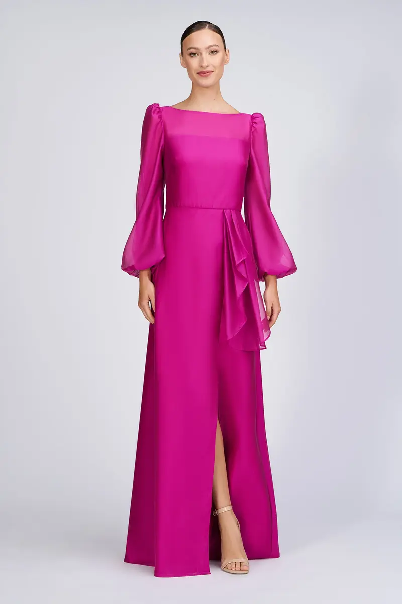 Honeycomb Organza Princess-Seam Gown with Illusion Sleeves