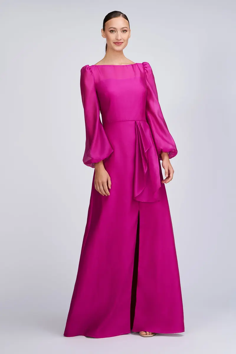 Honeycomb Organza Princess-Seam Gown with Illusion Sleeves