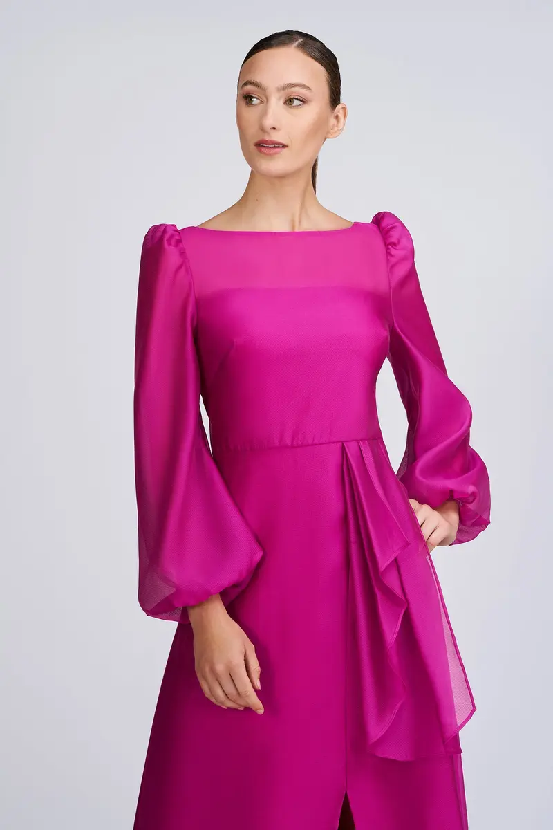 Honeycomb Organza Princess-Seam Gown with Illusion Sleeves