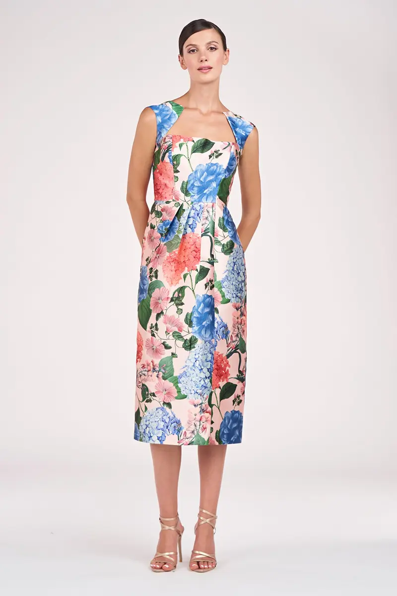 Hydrangea Mikado Tea-Length Sheath Dress