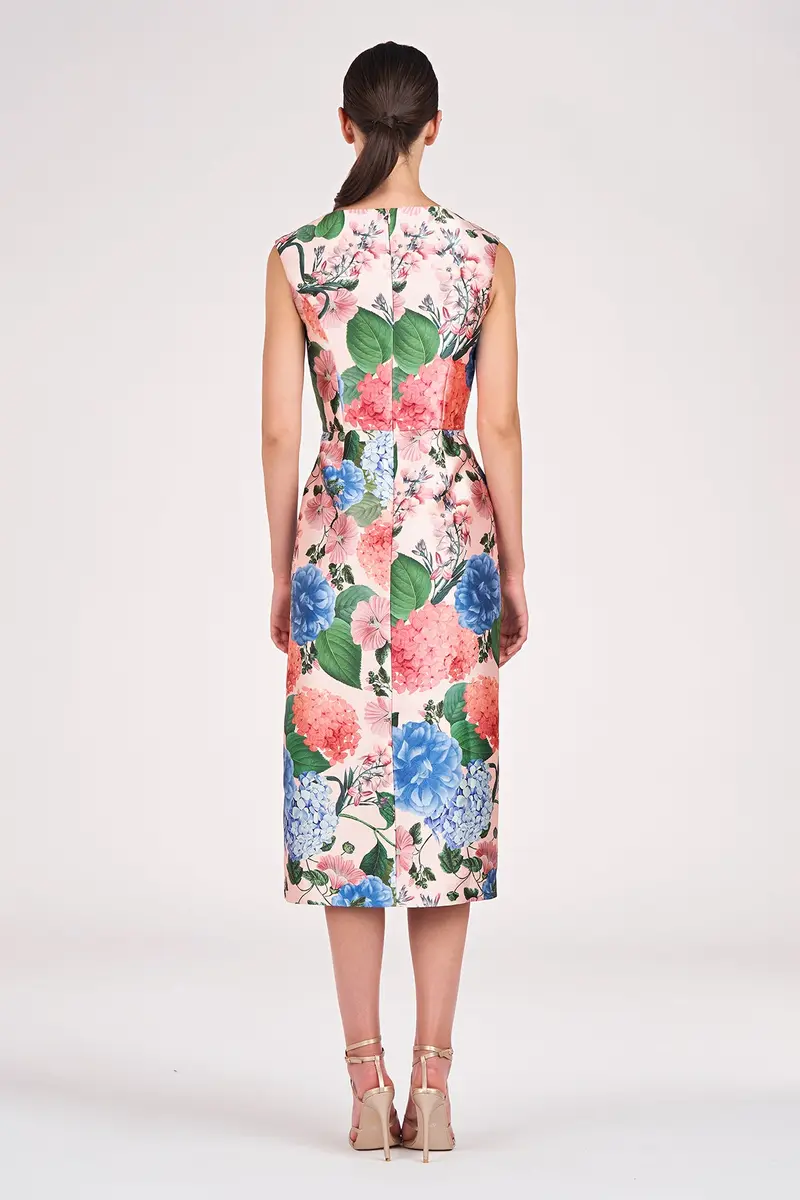 Hydrangea Mikado Tea-Length Sheath Dress