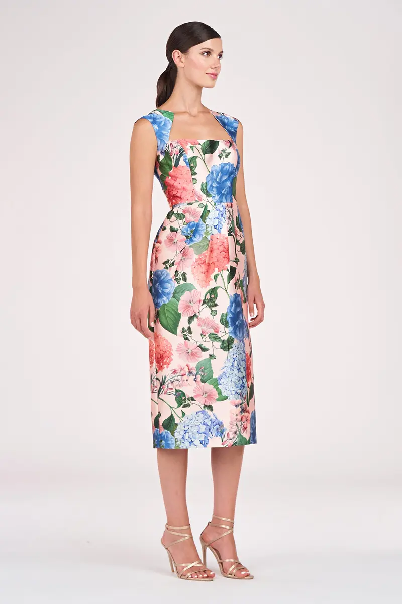Hydrangea Mikado Tea-Length Sheath Dress