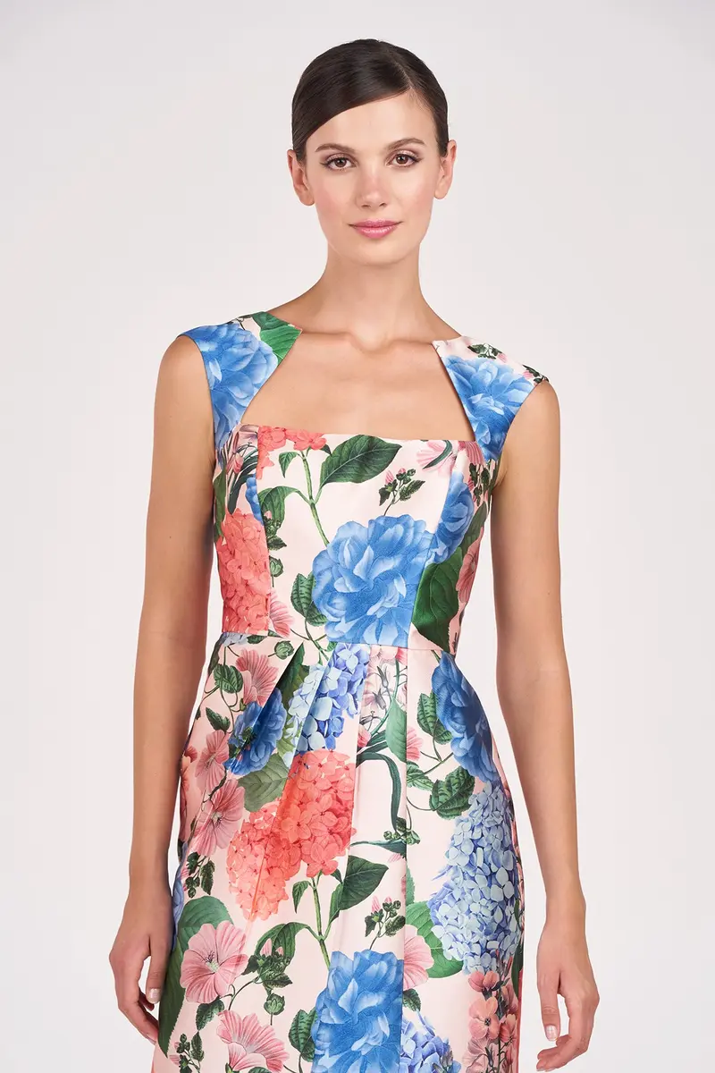 Hydrangea Mikado Tea-Length Sheath Dress