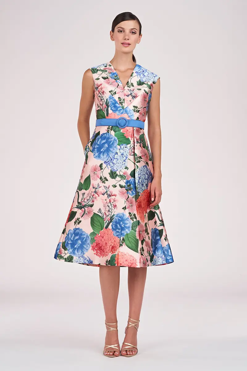 Hydrangea Print Midi Dress with Swan Neckline