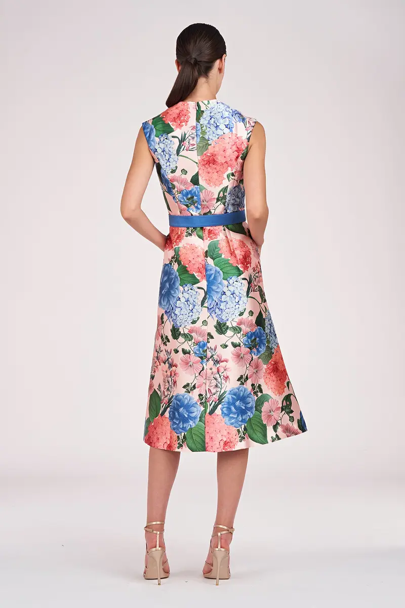 Hydrangea Print Midi Dress with Swan Neckline