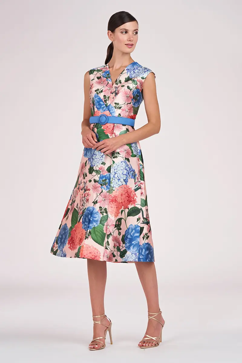 Hydrangea Print Midi Dress with Swan Neckline