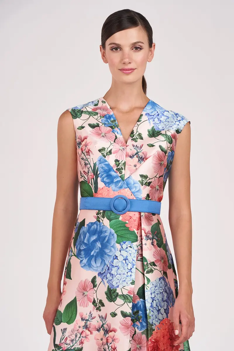 Hydrangea Print Midi Dress with Swan Neckline
