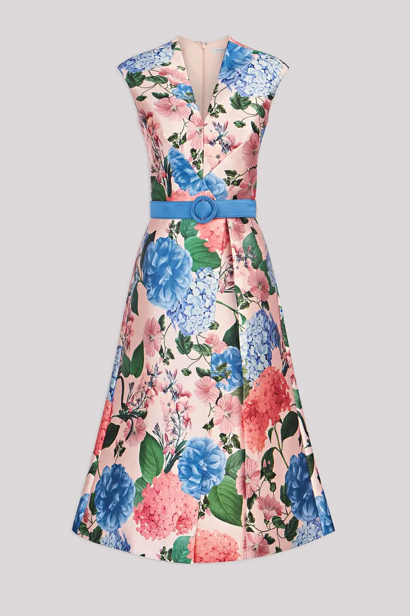 Hydrangea Print Midi Dress with Swan Neckline