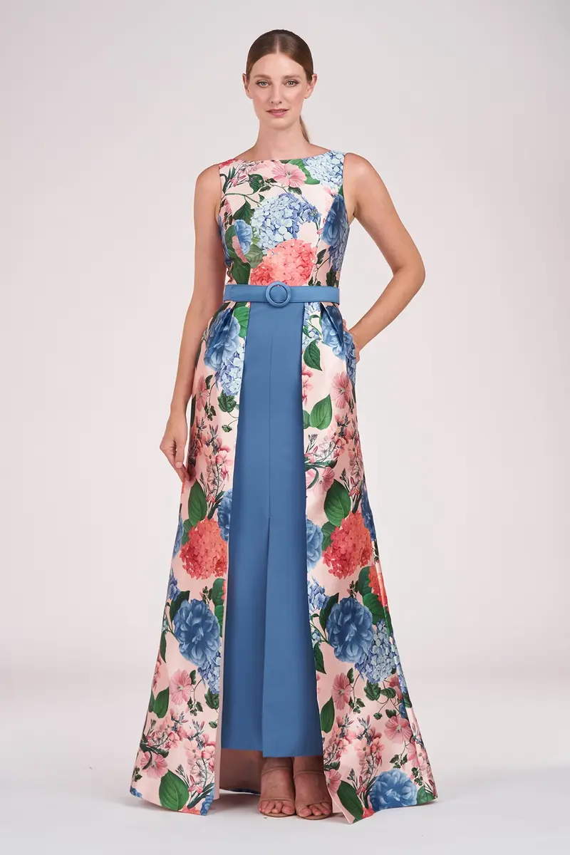Hydrangea Print Mikado Gown with Dual-Skirt Design