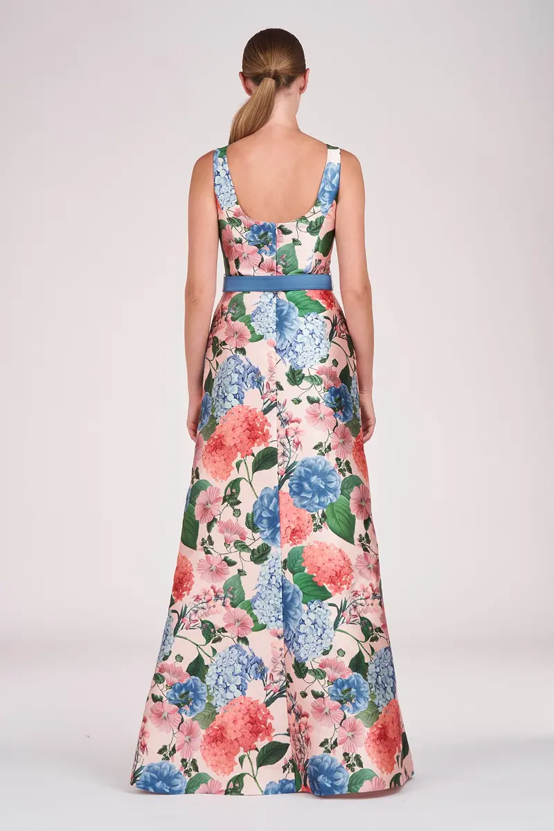 Hydrangea Print Mikado Gown with Dual-Skirt Design