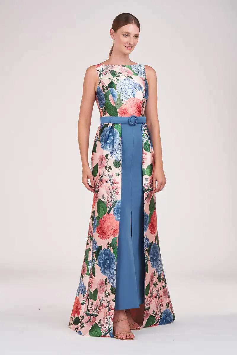 Hydrangea Print Mikado Gown with Dual-Skirt Design