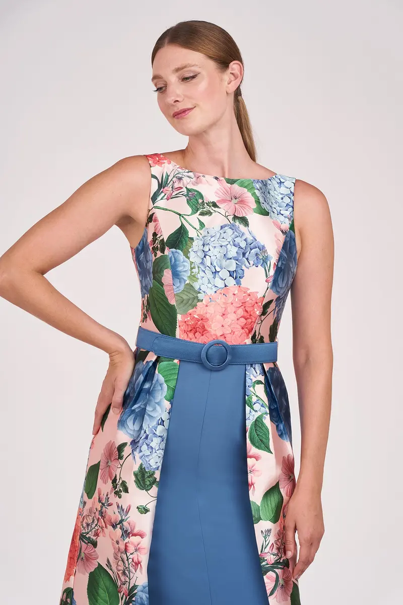 Hydrangea Print Mikado Gown with Dual-Skirt Design