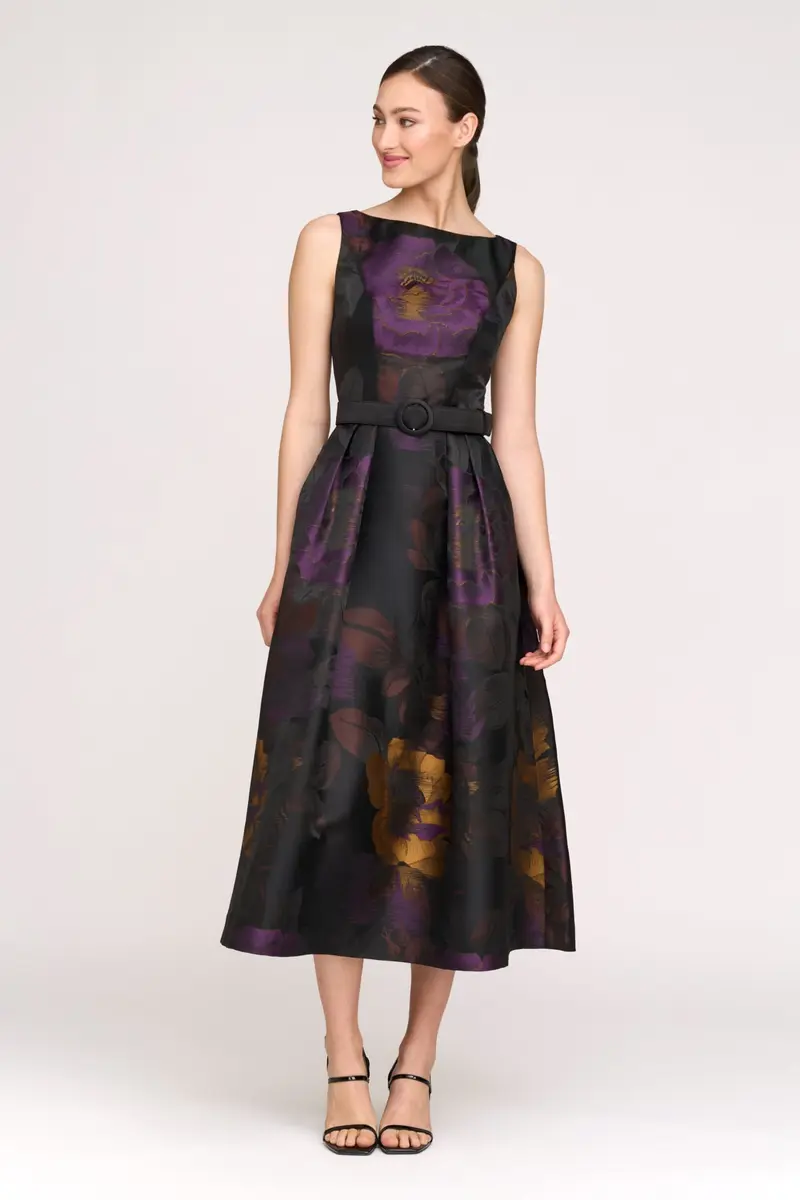 Ilsa Striated Floral Jacquard Tea-Length Cocktail Dress