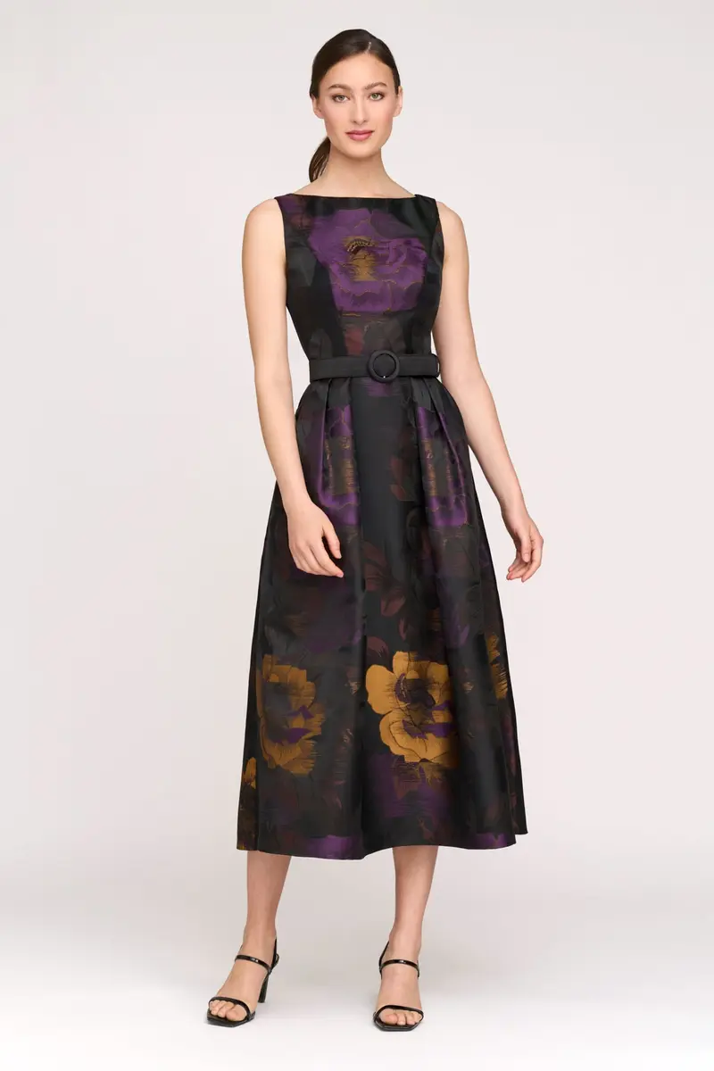 Ilsa Striated Floral Jacquard Tea-Length Cocktail Dress