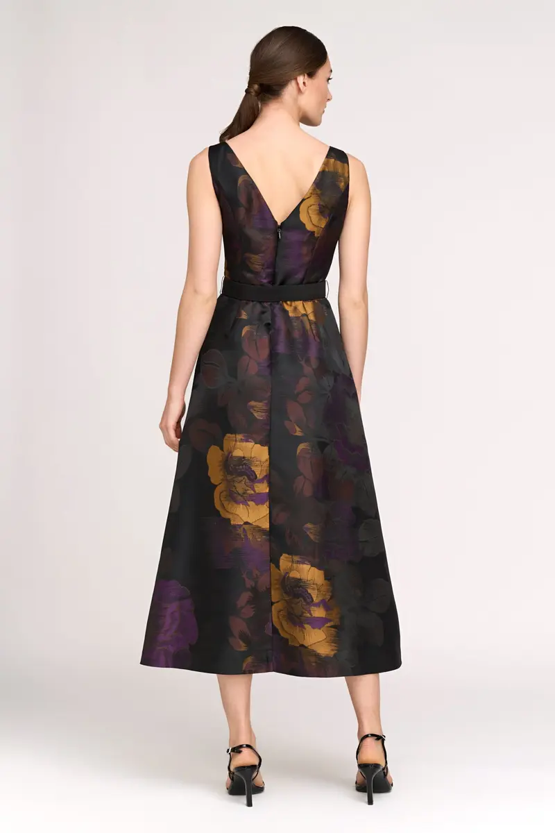 Ilsa Striated Floral Jacquard Tea-Length Cocktail Dress