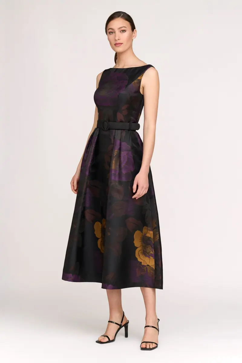 Ilsa Striated Floral Jacquard Tea-Length Cocktail Dress