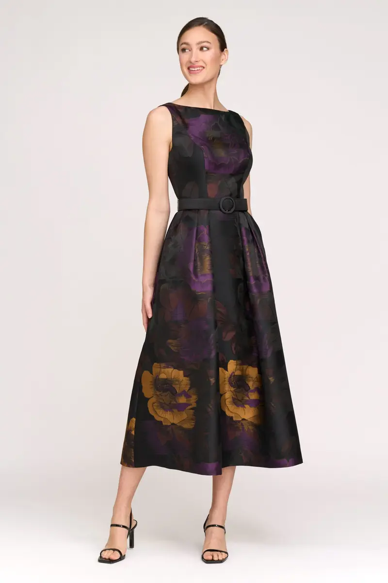 Ilsa Striated Floral Jacquard Tea-Length Cocktail Dress