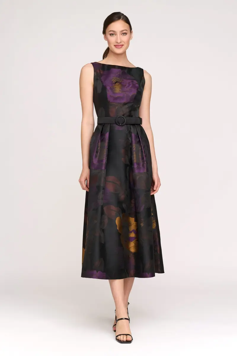 Ilsa Striated Floral Jacquard Tea-Length Cocktail Dress