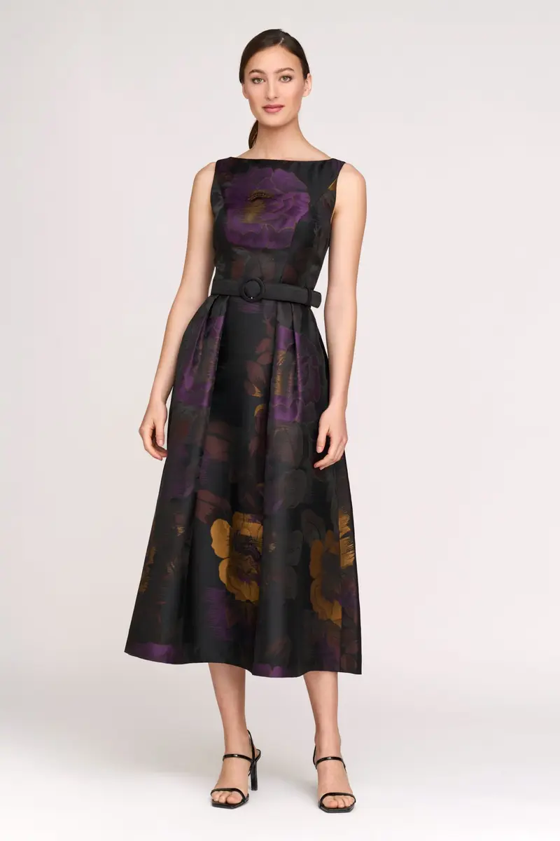 Ilsa Striated Floral Jacquard Tea-Length Cocktail Dress
