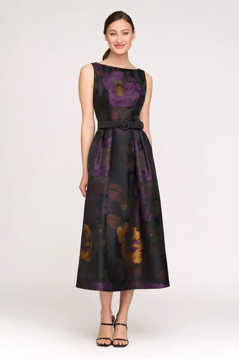Ilsa Striated Floral Jacquard Tea-Length Cocktail Dress