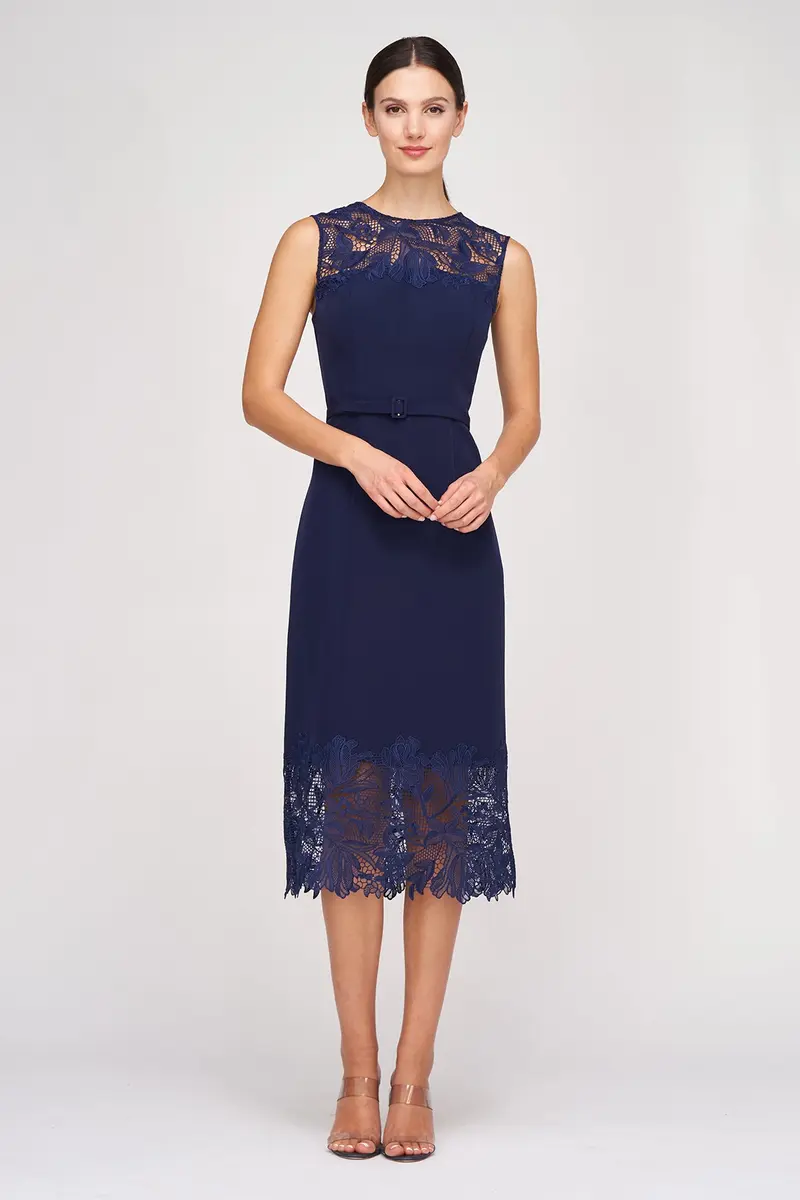 Jamie Stretch Crepe Midi Dress with Floral Lace Hem