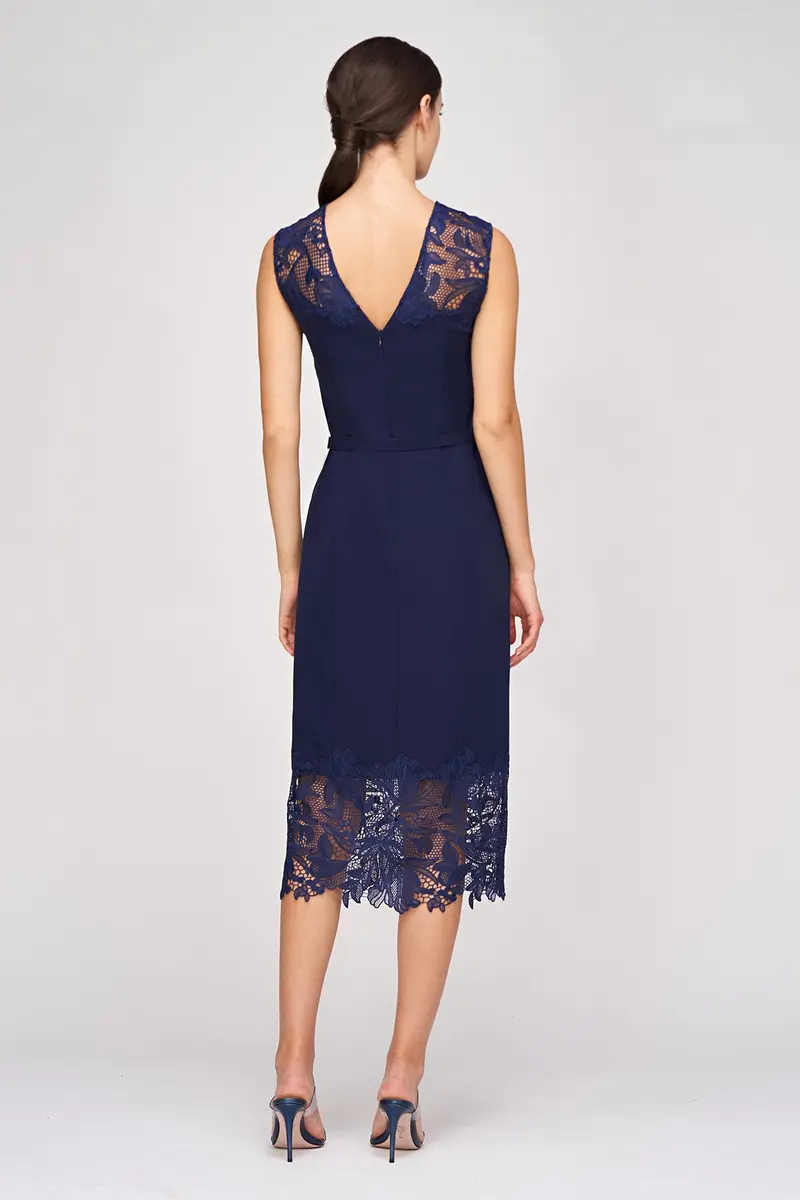 Jamie Stretch Crepe Midi Dress with Floral Lace Hem