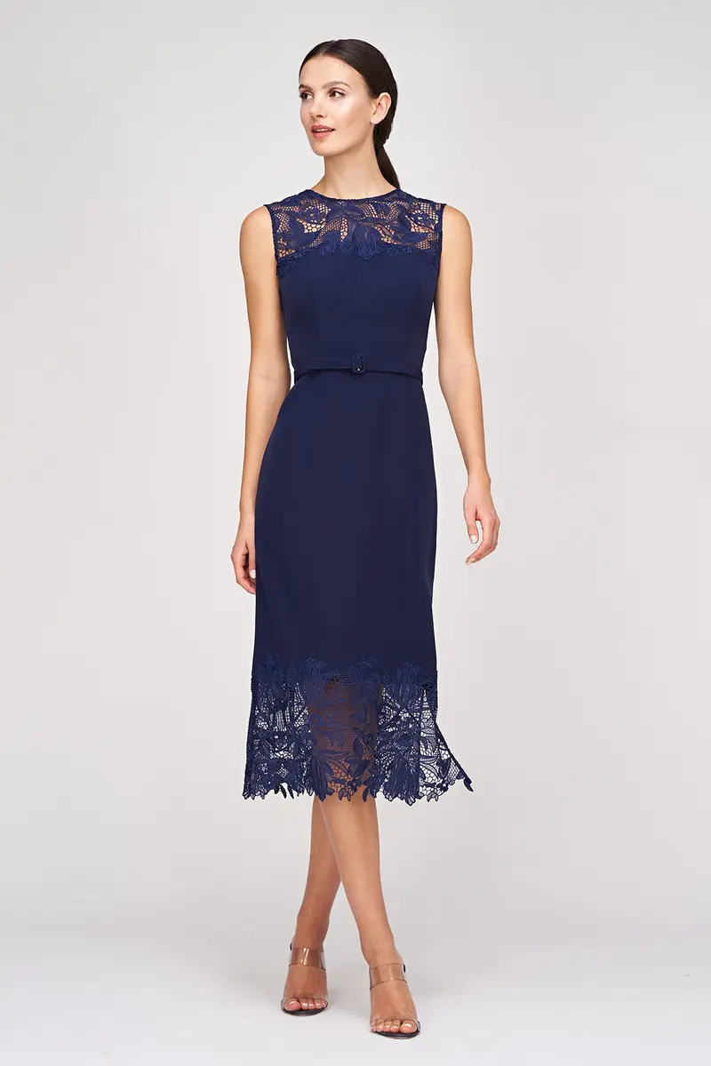 Jamie Stretch Crepe Midi Dress with Floral Lace Hem
