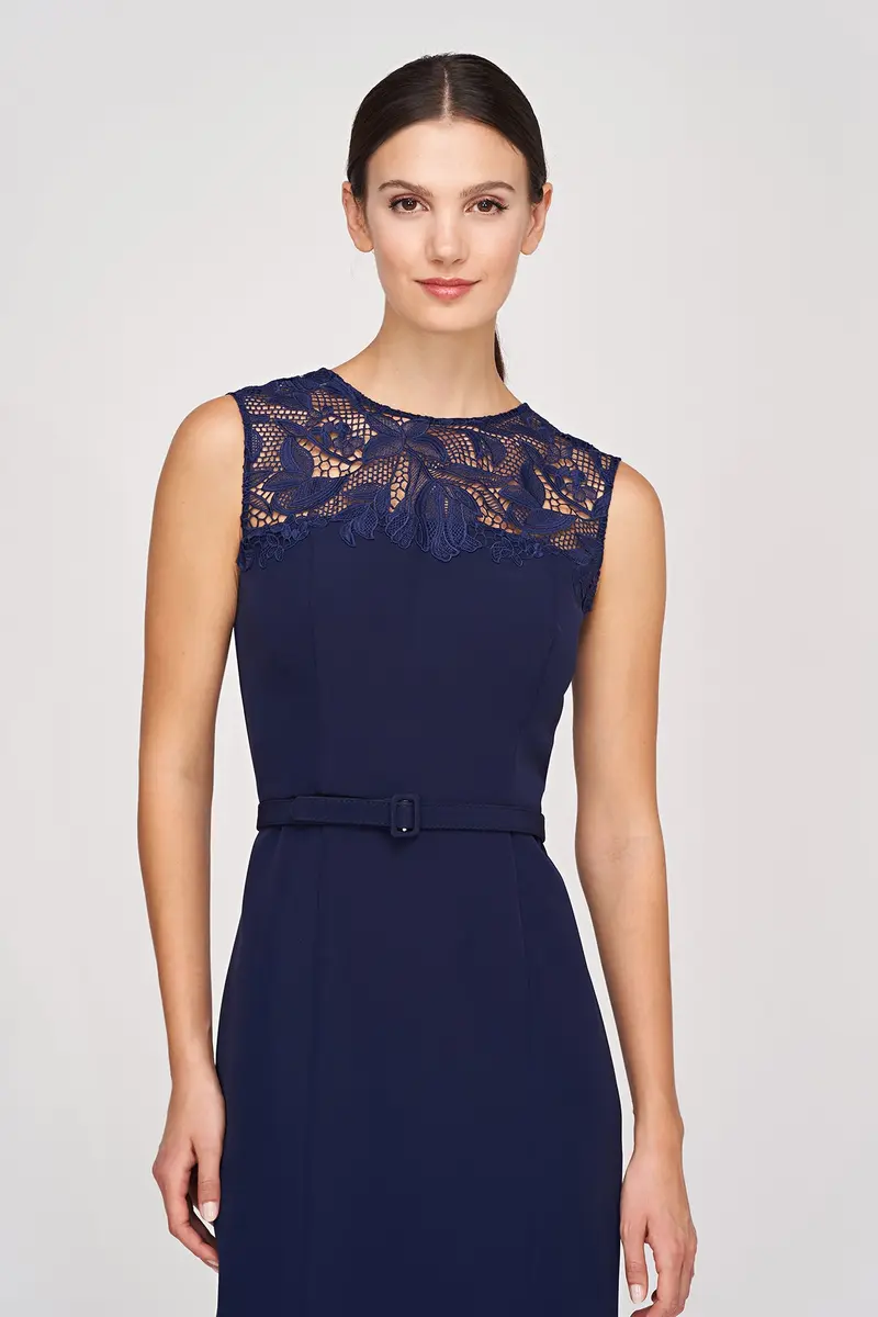 Jamie Stretch Crepe Midi Dress with Floral Lace Hem