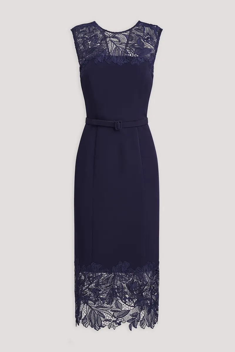 Jamie Stretch Crepe Midi Dress with Floral Lace Hem