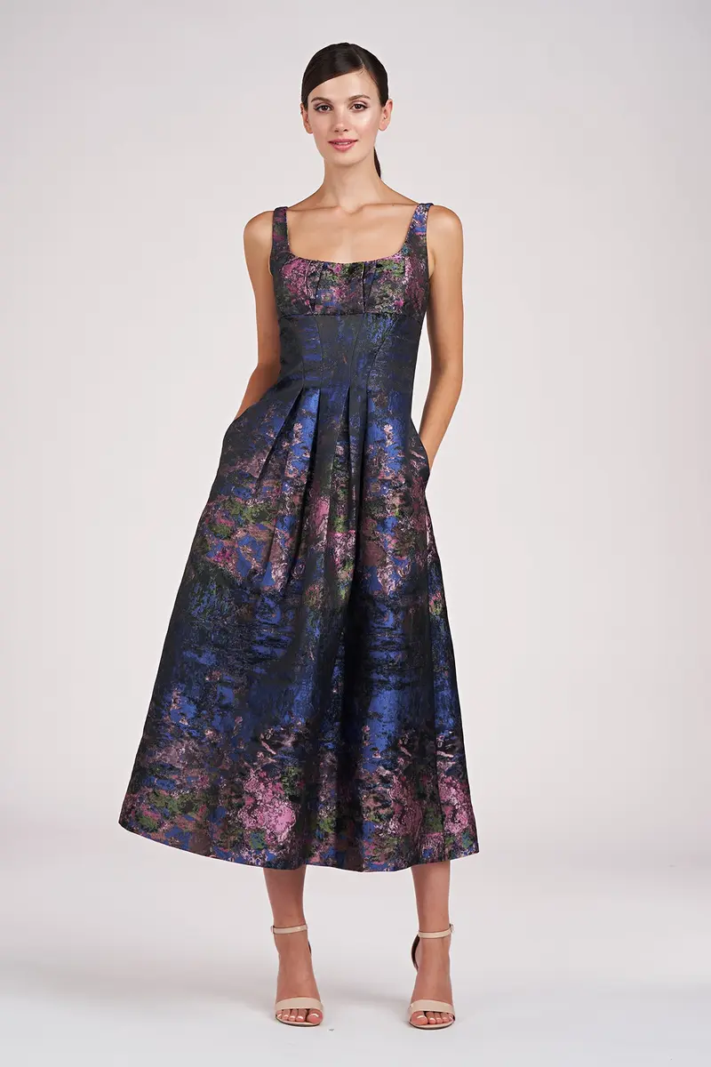 June Monet Jacquard Tea-Length Dress with Empire Waist