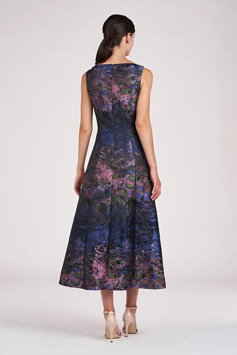 June Monet Jacquard Tea-Length Dress with Empire Waist