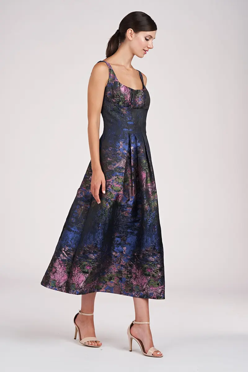 June Monet Jacquard Tea-Length Dress with Empire Waist